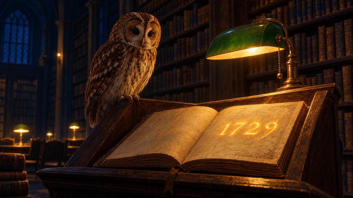 Wide format: an open book on a wooden lectern glows with the golden digits '1729'; a tawny owl watches from the top edge; distant amber lamps recede into dark shelves.