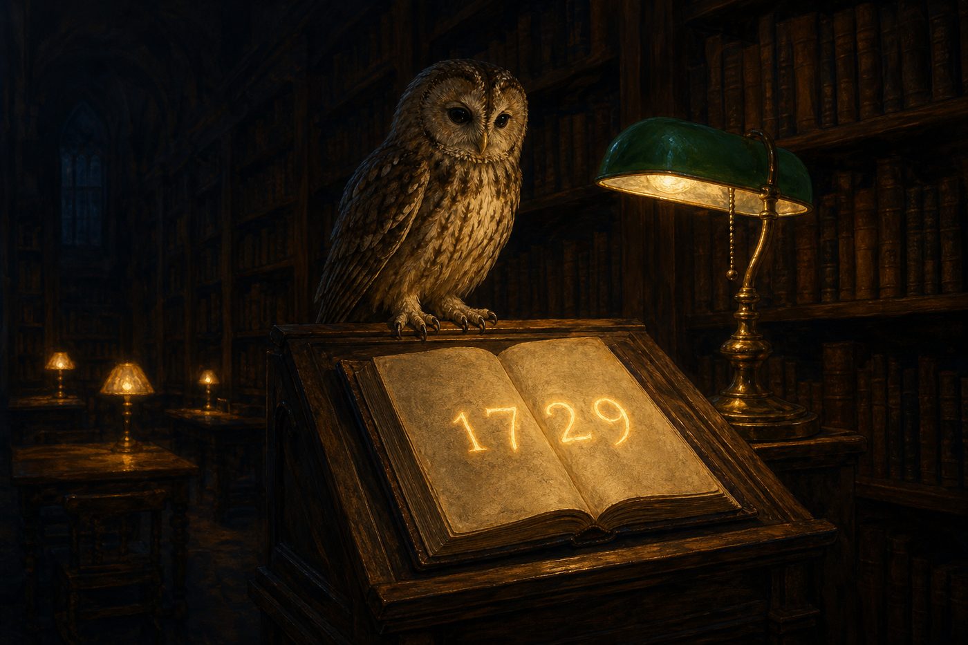 Photorealistic tawny owl perched on a wooden lectern beside an open book and a green banker's lamp, in a deep-blue library at night. 3:2.