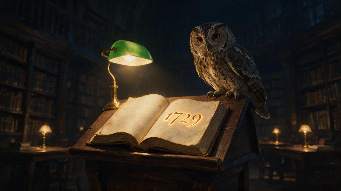 Painterly library at night: tawny owl on the right, green banker's lamp on the left illuminating an open book in the center; three distant reading tables recede into the darkness.