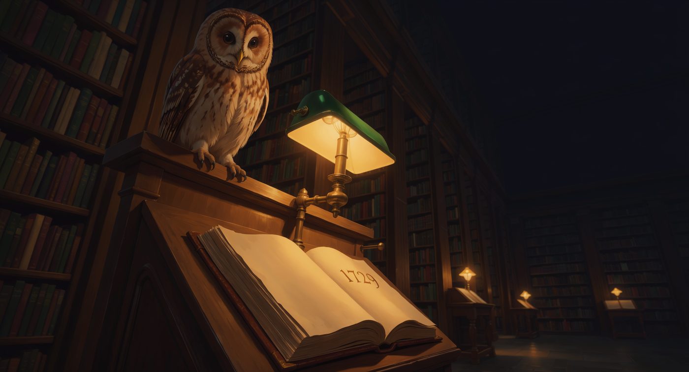 Painterly library with a tawny owl watching over an open book, a green banker's lamp, and rows of distant amber reading lamps warm against dark shelves.