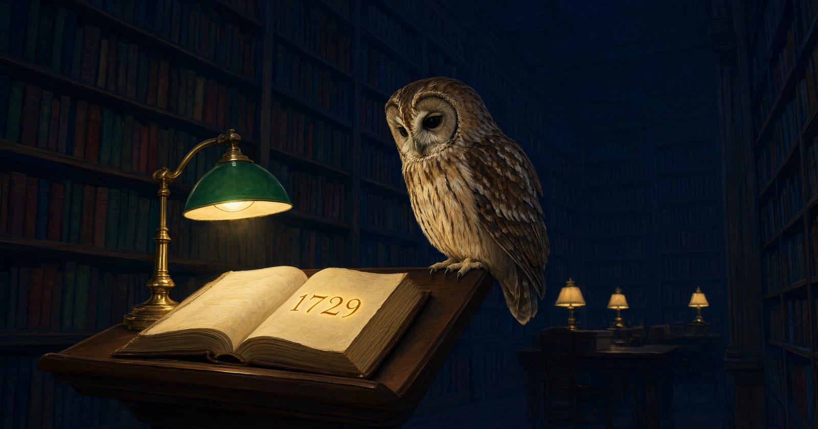 Deep midnight-blue library with a warm-gold banker's lamp and glowing digits on an open book; a tawny owl on the wooden lectern; three distant amber lamps far right.